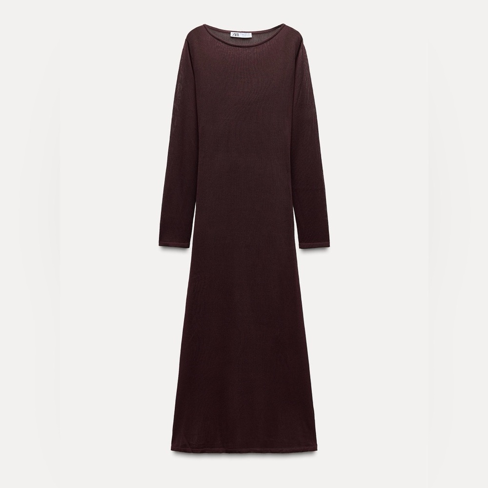 ZARA Elegant Long Sleeve Chocolate Brown Midi Dress‎ size S